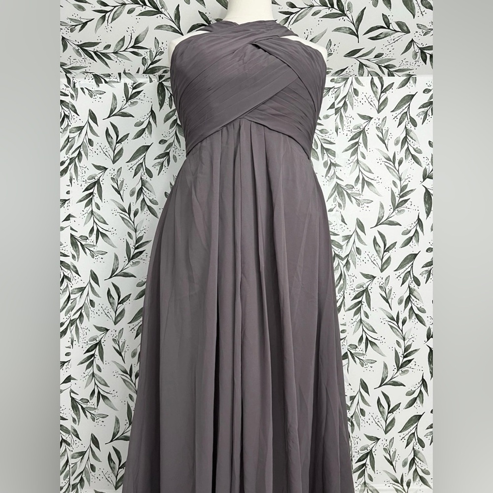Grey A-Line Pleated Chiffon Prom Bridesmaid Formal Wedding Size L 12 Gown #2 New - Picture 3 of 16